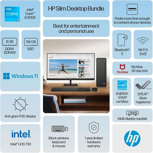 HP 27-inch Monitor, Slim Desktop Bundle, Intel Core i3-12100, 8GB RAM, 512GB SSD, Windows 11, Wireless Keyboard and Mouse, Full HD Display, Home and Office PC Setup in Kuwait