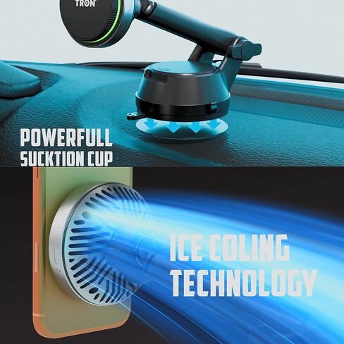 TRON Qi2 Ice Cooling Magnetic Wireless Car Charger Mount, 25W Fast Charging with Cooling Fan, MagSafe Compatible for iPhone & Android, 8-Inch Dashboard Arm Length, 43W Car Adapter, 60W Cable, in Kuwait
