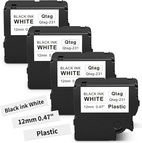 متوافق مع شريط ملصقات Btag Btag 231 أسود على أبيض 12 مم (0.47 بوصة) × 4 متر بديل لـ Brother P-Touch PT-N10، PT-N20، PT-N25BT B-tag Label Maker إعادة تعبئة الشريط، 1/2 بوصة × 13.1 قدم، 4 عبوات in Kuwait