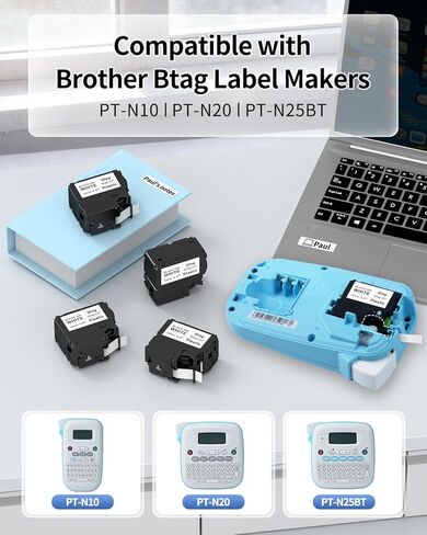 متوافق مع شريط ملصقات Btag Btag 231 أسود على أبيض 12 مم (0.47 بوصة) × 4 متر بديل لـ Brother P-Touch PT-N10، PT-N20، PT-N25BT B-tag Label Maker إعادة تعبئة الشريط، 1/2 بوصة × 13.1 قدم، 4 عبوات in Kuwait