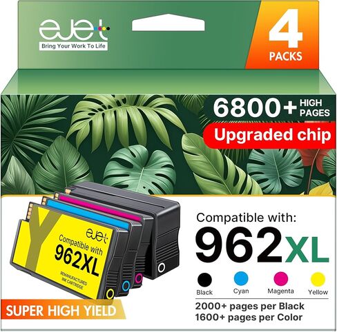 ejet 962 XL لخراطيش الحبر HP 962XL مجموعة استبدال لخراطيش الحبر HP 962 HP962XL Work for Office Jet Pro 9010 9015 9025 9020 9018، 962XL أسود و962 حزمة كومبو ملونة، 4 عبوات in Kuwait