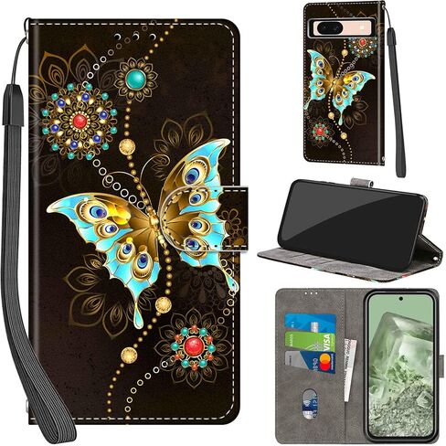 Case Wallet for Google Pixel 8A, with [3 Card Slots], Kickstand Magnetic Closure PU Leather Shockproof Protective Flip Cover, Golden Green Butterfly in Saudi Arabia