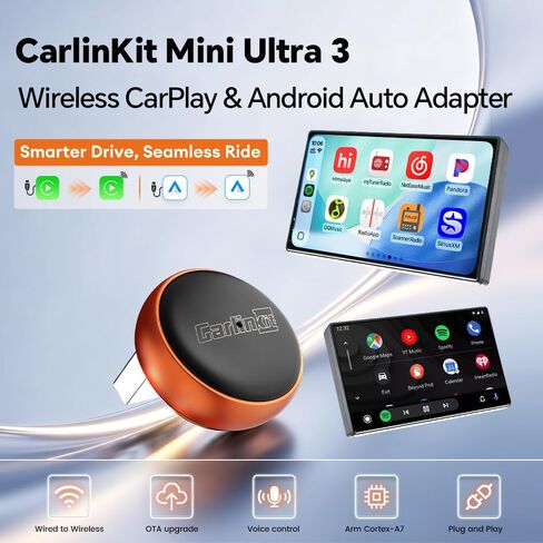 Carlinkit Mini Ultra 3 Wireless CarPlay Adapter, Wireless Android Auto Adapter, Convert OEM Wired to Wireless Dongle, USB-A/C Plug & Play, Auto-Connect, OTA Upgrade, Orange in Kuwait
