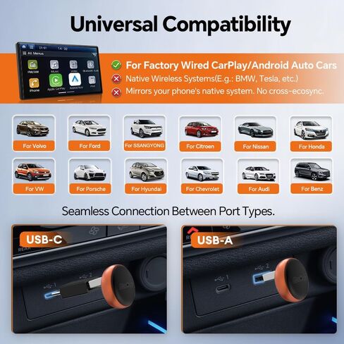 Carlinkit Mini Ultra 3 Wireless CarPlay Adapter, Wireless Android Auto Adapter, Convert OEM Wired to Wireless Dongle, USB-A/C Plug & Play, Auto-Connect, OTA Upgrade, Orange in Kuwait