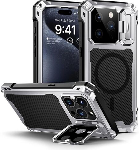 حافظة Lanhiem لهاتف iPhone 15 Pro Max المعدنية، [مسند كاميرا مدمج وواقي شاشة زجاجي] غطاء مغناطيسي قوي ومقاوم للصدمات لكامل الجسم (أسود) in Kuwait