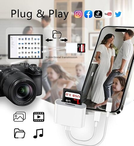 قارئ بطاقات SD USB C لأجهزة iPhone وiPad ومحول بطاقة SD للكاميرا الرقمية وقارئ بطاقات الذاكرة ذو الواجهة المزدوجة، لا يتطلب تطبيقًا in Kuwait