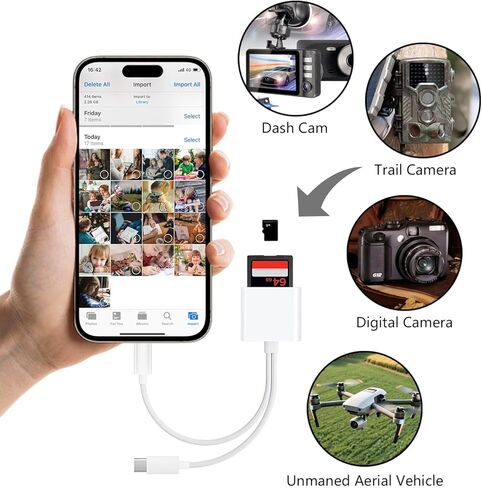 قارئ بطاقات SD USB C لأجهزة iPhone وiPad ومحول بطاقة SD للكاميرا الرقمية وقارئ بطاقات الذاكرة ذو الواجهة المزدوجة، لا يتطلب تطبيقًا in Kuwait