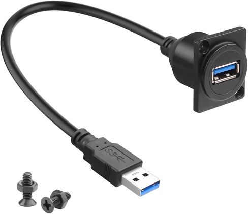QIANRENON 5Gbps USB3.0 Panel Mount Adapter Short Cable USB3.0 Male to Female Bulkhead Fixed Mount Charging Data Connector Extension Cable 5V/2A, Mounted XLR/D-Type Panel Dashboard, 30cm/11.8in in Kuwait