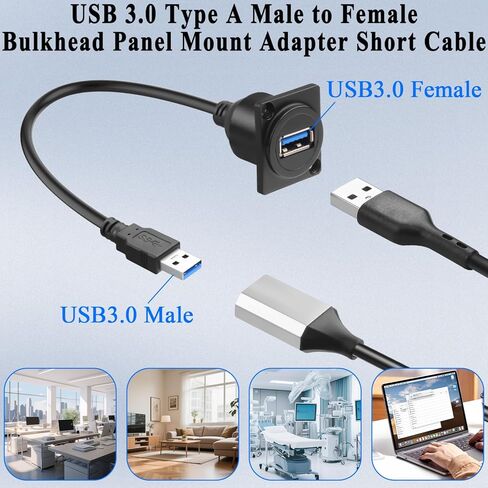 QIANRENON 5Gbps USB3.0 Panel Mount Adapter Short Cable USB3.0 Male to Female Bulkhead Fixed Mount Charging Data Connector Extension Cable 5V/2A, Mounted XLR/D-Type Panel Dashboard, 30cm/11.8in in Kuwait