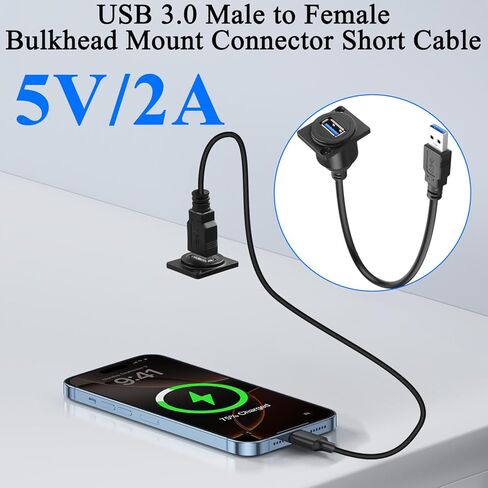 QIANRENON 5Gbps USB3.0 Panel Mount Adapter Short Cable USB3.0 Male to Female Bulkhead Fixed Mount Charging Data Connector Extension Cable 5V/2A, Mounted XLR/D-Type Panel Dashboard, 30cm/11.8in in Kuwait