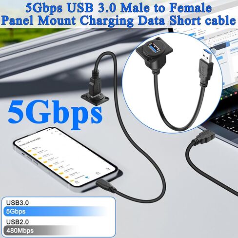 QIANRENON 5Gbps USB3.0 Panel Mount Adapter Short Cable USB3.0 Male to Female Bulkhead Fixed Mount Charging Data Connector Extension Cable 5V/2A, Mounted XLR/D-Type Panel Dashboard, 30cm/11.8in in Kuwait