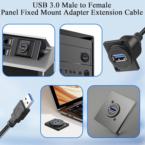 QIANRENON 5Gbps USB3.0 Panel Mount Adapter Short Cable USB3.0 Male to Female Bulkhead Fixed Mount Charging Data Connector Extension Cable 5V/2A, Mounted XLR/D-Type Panel Dashboard, 30cm/11.8in in Kuwait