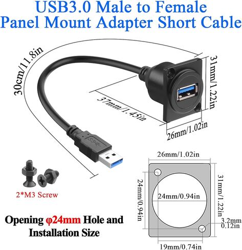 QIANRENON 5Gbps USB3.0 Panel Mount Adapter Short Cable USB3.0 Male to Female Bulkhead Fixed Mount Charging Data Connector Extension Cable 5V/2A, Mounted XLR/D-Type Panel Dashboard, 30cm/11.8in in Kuwait