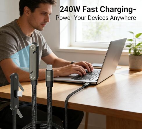 240W Fast Charging USB C to USB C Cable 5FT, Flat Right Angle Cord with Invisible Stand, Compatible with iPhone 17 Series, Samsung Galaxy S25 S24 Ultra and More (Black) in Kuwait