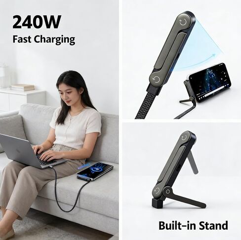 240W Fast Charging USB C to USB C Cable 5FT, Flat Right Angle Cord with Invisible Stand, Compatible with iPhone 17 Series, Samsung Galaxy S25 S24 Ultra and More (Black) in Kuwait