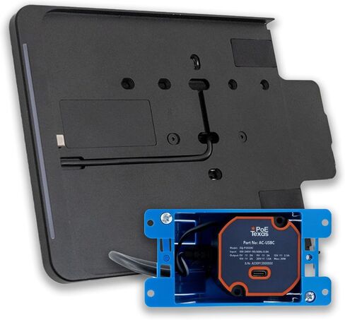 حامل جداري لجهاز iPad من الجيل العاشر من PoE Texas مع مؤشر حالة LED، قاعدة عرض سطحية للكمبيوتر اللوحي من الألومنيوم الأسود في غرفة الاجتماعات مع تطبيق Dash - مزود بمحول AC-USBC وحامل على الحائط in Kuwait