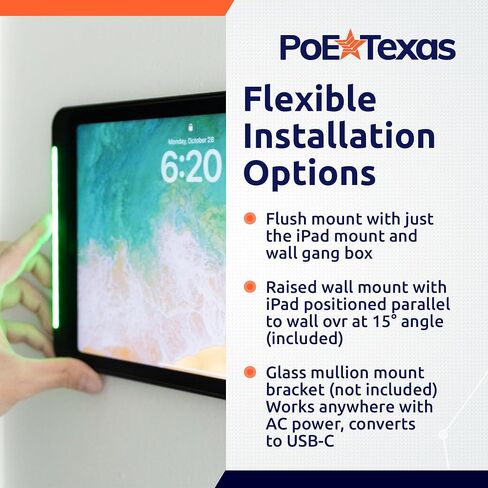 حامل جداري لجهاز iPad من الجيل العاشر من PoE Texas مع مؤشر حالة LED، قاعدة عرض سطحية للكمبيوتر اللوحي من الألومنيوم الأسود في غرفة الاجتماعات مع تطبيق Dash - مزود بمحول AC-USBC وحامل على الحائط in Kuwait