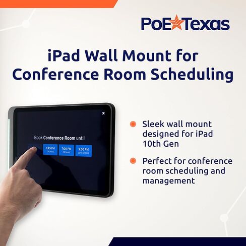 حامل جداري لجهاز iPad من الجيل العاشر من PoE Texas مع مؤشر حالة LED، قاعدة عرض سطحية للكمبيوتر اللوحي من الألومنيوم الأسود في غرفة الاجتماعات مع تطبيق Dash - مزود بمحول AC-USBC وحامل على الحائط in Kuwait