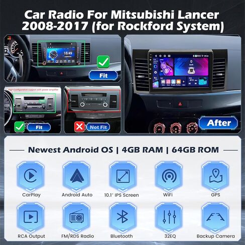 [DSP 4+64G] ستيريو سيارة Android 15 لسيارة Mitsubishi Lancer 2008-2017 (لنظام Rockford)، شاشة لمس Hikity 10 بوصات راديو لاسلكي Carplay Android Auto Bluetooth GPS WiFi SWC DSP/FM/RDS/32EQ كاميرا احتياطية in Kuwait