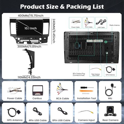 [DSP 4+64G] ستيريو سيارة Android 15 لسيارة Mitsubishi Lancer 2008-2017 (لنظام Rockford)، شاشة لمس Hikity 10 بوصات راديو لاسلكي Carplay Android Auto Bluetooth GPS WiFi SWC DSP/FM/RDS/32EQ كاميرا احتياطية in Kuwait