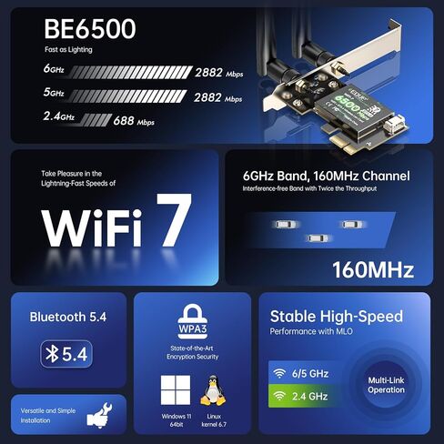 بطاقة WiFi 7 PCIe BE6500 للكمبيوتر المكتبي، MT7925 ثلاثي الموجات 6 جيجا هرتز/5 جيجا هرتز/2.4 جيجا هرتز، بلوتوث 5.4، 802.11be 6.5 جيجابت في الثانية محول لاسلكي، لـ Intel/AMD Windows 11 وLinux 6.7+، وليس CNVi in Kuwait