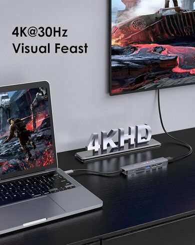 محول محور USB-C، مخرج HDMI 4K، منافذ USB 3.0 ومنفذ USB 2.0 مزدوج، قارئ SD/TF، ​​شحن PD بقوة 100 وات، تصميم مضغوط، رمادي داكن in Kuwait