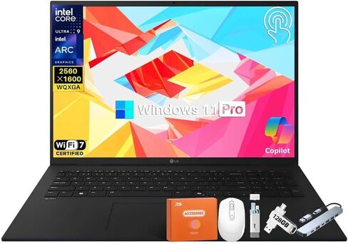 LG gram 17 بوصة AI Copilot+ كمبيوتر محمول، وحدة المعالجة المركزية Intel Ultra 9 288V، ذاكرة الوصول العشوائي 32 جيجابايت، 2 تيرابايت SSD، شاشة لمس مضادة للتوهج 17 بوصة، Intel Arc Graphics، Wi-Fi 7، لوحة مفاتيح بإضاءة خلفية، Thunderbolt 4، Windows 11 Pro -  in Kuwait