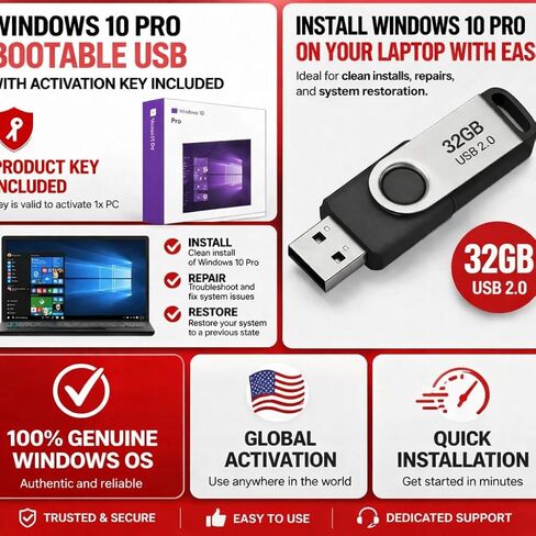 USB قابل للتمهيد (النوع A) لنظام التشغيل Windows 10 Pro - يتضمن مفتاح التنشيط التثبيت والإصلاح والاستعادة لسطح المكتب والكمبيوتر المحمول. in Kuwait