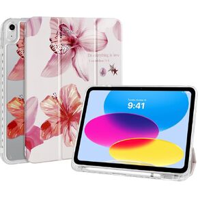 حافظة ثلاثية الطي لجهاز iPad (A16) الجيل الحادي عشر 11 بوصة 2025/iPad الجيل العاشر 10.9 بوصة 2022، طباعة زهرة الكركديه الجمالية مع حامل قلم رصاص وغطاء واقٍ مقاوم للصدمات، زهرة Ded in Kuwait