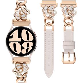 Minyee Leather Band Compatible with Samsung Galaxy Watch 7/6/5/4/FE/Active 2 40mm 44mm/Watch 6 Classic 43mm 47mm/5 Pro 45mm Women, 20mm Dressy Slim Elegant Metal Chain Strap with Bling Camellia Charms in Saudi Arabia