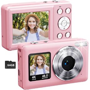 Digital Camera Dual Screen Kids Camera 4K 48MP with Autofocus & 16X Zoom, Internal Battery, 64GB SD Card Included | Portable Selfie Camera for Teens Children, Starter Vlogging Cameras in Saudi Arabia