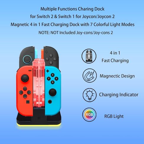 4 in 1 Charging Dock Compatible with Nintendo Switch 2/Switch 1 for Joy Con & JoyCons 2 Magnetic Fast Controller Charger Dock Station with RGB Light in Kuwait