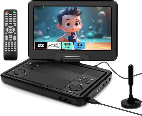 تلفزيون محمول/مشغل DVD مقاس 10.1 بوصة - شاشة LED دوارة FHD IPS، موالف رقمي/HDMI/USB/AV، خالي من المناطق، بطارية مدمجة، مكبرات صوت عالية الحجم - مثالي للسيارة/السفر in Saudi Arabia