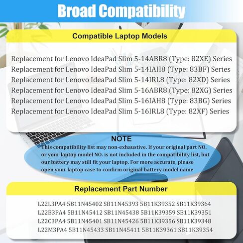 استبدال بطارية L22M3PA4 L22L3PA4 لجهاز Lenovo IdeaPad Slim 5 14ABR8 14IAH8 14IRL8 16ABR8 16IAH8 16IRL8 سلسلة بطارية الكمبيوتر المحمول L22B3PA4 L22C3PA4 SB11K39354 SB11N45411 56.6Wh in Kuwait
