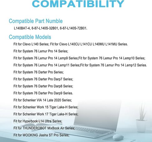بطارية كمبيوتر محمول بديلة 73Wh L140BAT-4 لنظام 76 Lemur Pro (lemp 9 10 11 12) System76 darter Pro (darp 7 8 9) Schenker Work 17 Tiger Lake-H / VIA 14 2020 / Hyperbook L14 Ultra Series 9350 مللي أمبير في الساعة in Kuwait