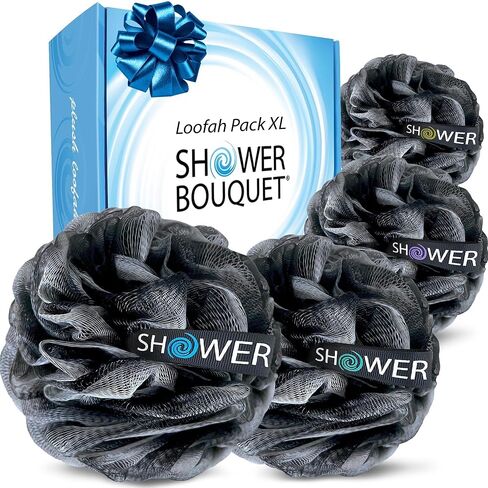 ليفة استحمام اسفنجية فحمية XL-75 غرام من شاور بوكيه: 4 قطع، ليفة تنظيف ناعمة شبكية كبيرة للغاية للرجال والنساء - تقشير مع تنظيف لطيف باللونين الاسود والابيض الكبير في ملحقات الاستحمام التجميلية in Kuwait