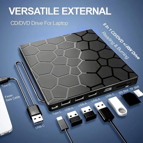 8-in-1 Ultra-Thin Portable CD/DVD Drive with USB 3.0 Type-C& SD Card Reader- Fast Data Transfer, Plug& Play for Laptops, Desktops, Windows, Mac, Linux- No Battery Needed (Black) in Saudi Arabia