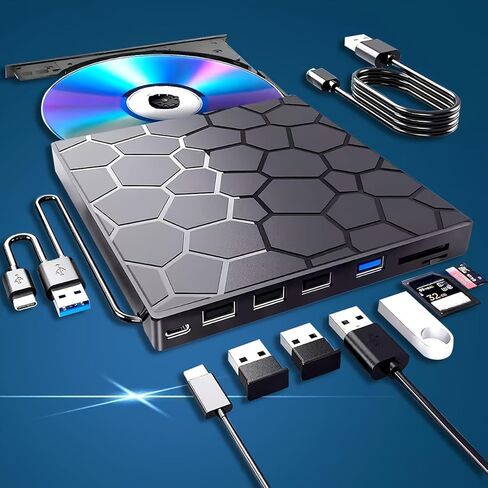 محرك أقراص CD/DVD محمول رفيع للغاية 8 في 1 مع قارئ بطاقات USB 3.0 من النوع C وSD - نقل سريع للبيانات، التوصيل والتشغيل لأجهزة الكمبيوتر المحمولة، وأجهزة الكمبيوتر المكتبية، وWindows، وMac، وLinux - لا حاجة إلى بطارية (أسود) in Kuwait