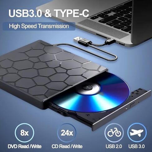 محرك أقراص CD/DVD محمول رفيع للغاية 8 في 1 مع قارئ بطاقات USB 3.0 من النوع C وSD - نقل سريع للبيانات، التوصيل والتشغيل لأجهزة الكمبيوتر المحمولة، وأجهزة الكمبيوتر المكتبية، وWindows، وMac، وLinux - لا حاجة إلى بطارية (أسود) in Kuwait