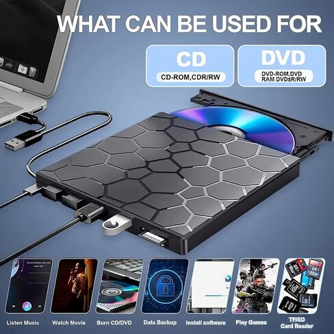 محرك أقراص CD/DVD محمول رفيع للغاية 8 في 1 مع قارئ بطاقات USB 3.0 من النوع C وSD - نقل سريع للبيانات، التوصيل والتشغيل لأجهزة الكمبيوتر المحمولة، وأجهزة الكمبيوتر المكتبية، وWindows، وMac، وLinux - لا حاجة إلى بطارية (أسود) in Kuwait