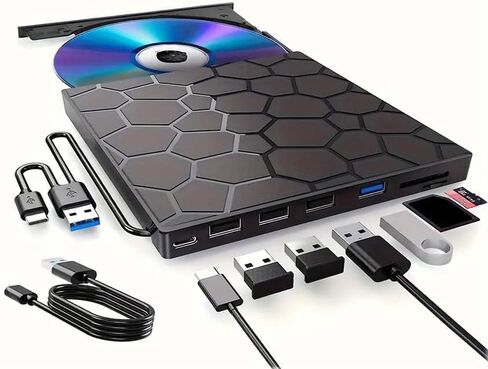 محرك أقراص CD/DVD محمول رفيع للغاية 8 في 1 مع قارئ بطاقات USB 3.0 من النوع C وSD - نقل سريع للبيانات، التوصيل والتشغيل لأجهزة الكمبيوتر المحمولة، وأجهزة الكمبيوتر المكتبية، وWindows، وMac، وLinux - لا حاجة إلى بطارية (أسود) in Kuwait