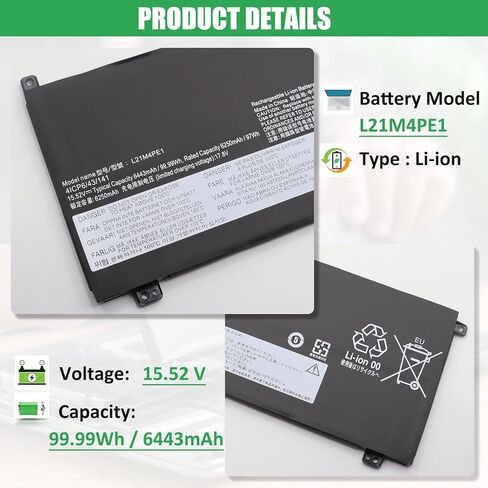 L21M4PE1 Laptop Battery Replacement for Lenovo Legion S7 16IAH7 16ARHA7 Yoga 7 16IAH7 Series Notebook L21C4PE1 L21B4PE1 SB11F29419 5B11F29413 SB11N52215 15.52V 99.99Wh 6443mAh in Kuwait