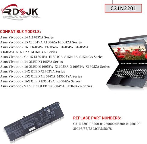C31N2201 Laptop Battery for Asus Vivobook X1504VA X1504ZA F1504ZA F1605PA F1605ZA S1605PA S1605VA X1605VA X1605ZA M1605YA Go 15 E1504FA E1504GA S1504FA S1504GA 15X OLED M3504YA M3604YA 16 OLED X1605EA in Kuwait
