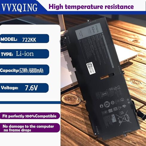 بطارية كمبيوتر محمول 722KK 52Wh متوافقة مع Dell XPS 13 9300 2020,9310 2020,9380 2020، P117G P117G002 2XXFW 52Wh P117G001 Series 0WN0N0 WN0N0 2XXFW in Kuwait