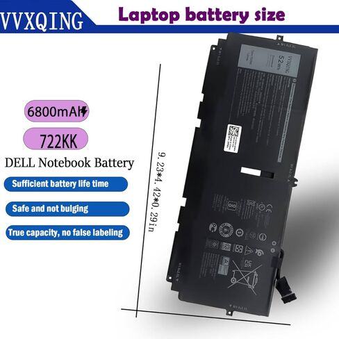 بطارية كمبيوتر محمول 722KK 52Wh متوافقة مع Dell XPS 13 9300 2020,9310 2020,9380 2020، P117G P117G002 2XXFW 52Wh P117G001 Series 0WN0N0 WN0N0 2XXFW in Kuwait