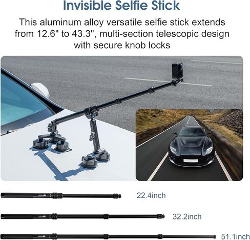 Suction Cup Car Mount for Insta360, for GoPro, Action Camera Car Mount Kit for Insta 360/Go Pro Accessories, Outside Windshield Camera Holder with 9.25 inch Selfie Stick, Triple Suction Cup Base in Kuwait