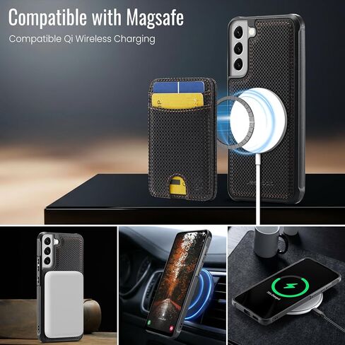 حافظة محفظة لهاتف Samsung Galaxy S21، MagSafe وRFID متوافقة 2 في 1، حافظة قلابة ثنائية الطي مع حامل جلد PU قابل للإزالة، لهاتف Samsung Galaxy S21 6.2 بوصة - ألياف سوداء in Kuwait