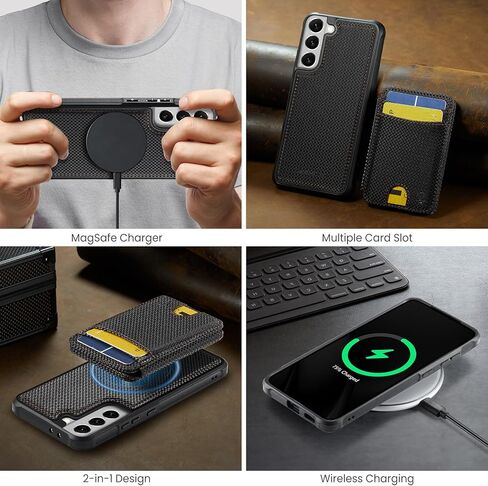 حافظة محفظة لهاتف Samsung Galaxy S21، MagSafe وRFID متوافقة 2 في 1، حافظة قلابة ثنائية الطي مع حامل جلد PU قابل للإزالة، لهاتف Samsung Galaxy S21 6.2 بوصة - ألياف سوداء in Kuwait