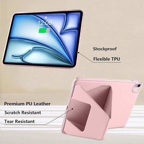 حافظة لجهاز Apple iPad Air 13 بوصة M3 2025/M2 2024 & iPad Pro 12.9 بوصة حافظة تابلت الجيل السادس 2022 مع حامل عمودي أفقي من السيليكون غطاء مقاوم للصدمات من جلد البولي يوريثان، وردي in Kuwait