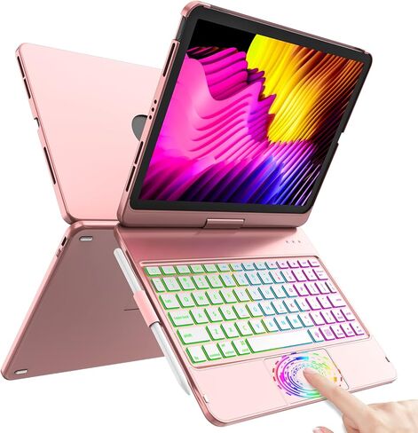 حافظة لوحة مفاتيح HOTLIFE لجهاز iPad Air 11 بوصة (M3 2025 / M2 2024) وiPad Pro 11 بوصة (الجيل الأول/الثاني/الثالث/الجيل الرابع) - لوحة تتبع تعمل باللمس - إضاءة خلفية - حماية 360 درجة مع حامل قلم رصاص لجهاز iPad Air 10.9 (ذهبي وردي) in Kuwait